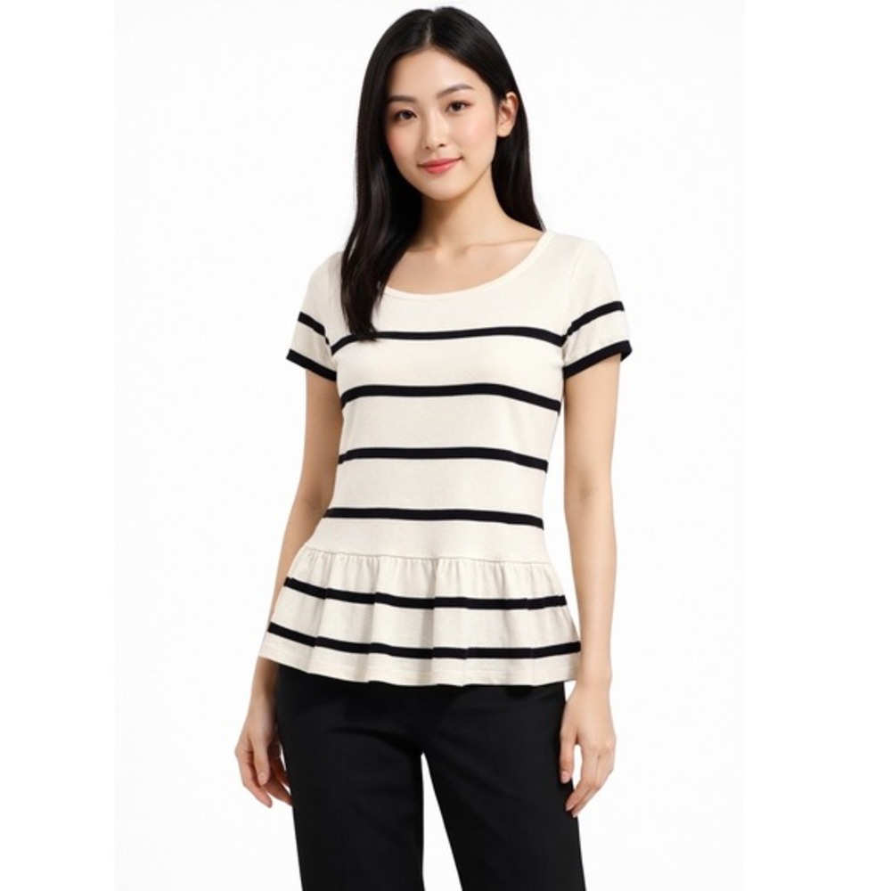 Loft Striped Peplum Sweater Short Sleeve‎ Back Zip Cream Black S Preppy 79-05